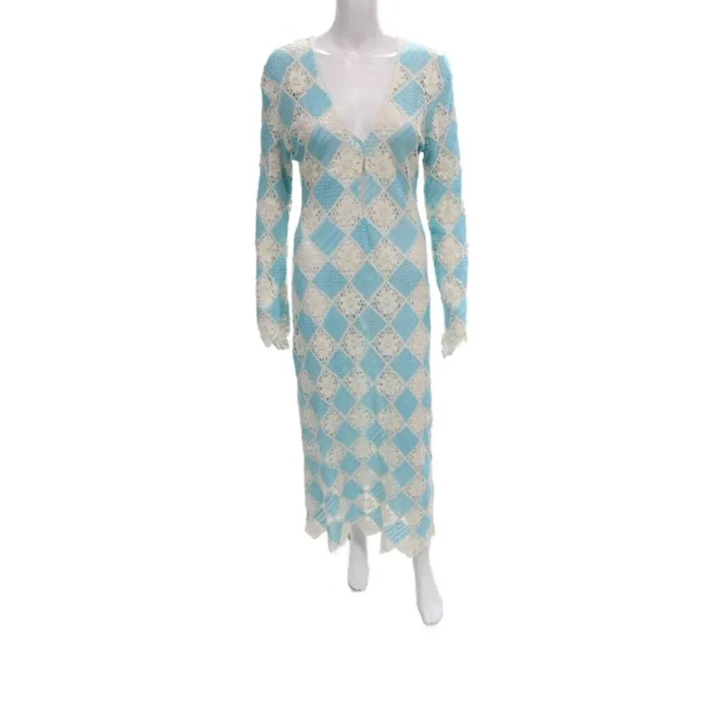 Zara Womens Maxi Dress Blue V-Neck Long Sleeve Argyle Cotton Size S
